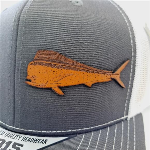 Retro Mahi Mahi Tuna Deep Fishing Leather Patch Hat Cap Kamel 815 Mesh Trucker main image 4
